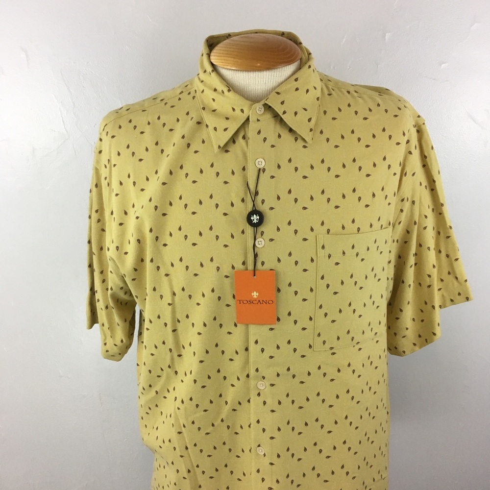Toscano 100% silk button down gold brown paisley short sleeves casual shirt